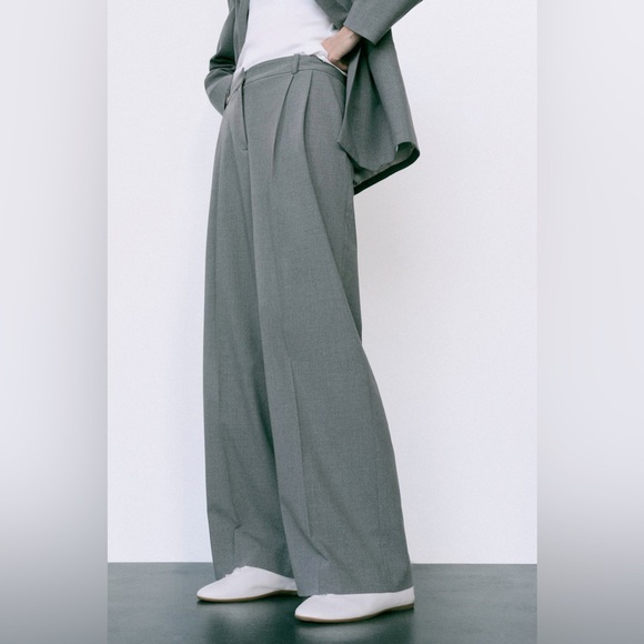 Zara Pants - ZARA Pleated Grey Wide Leg Pants Trousers w Darts & Pockets